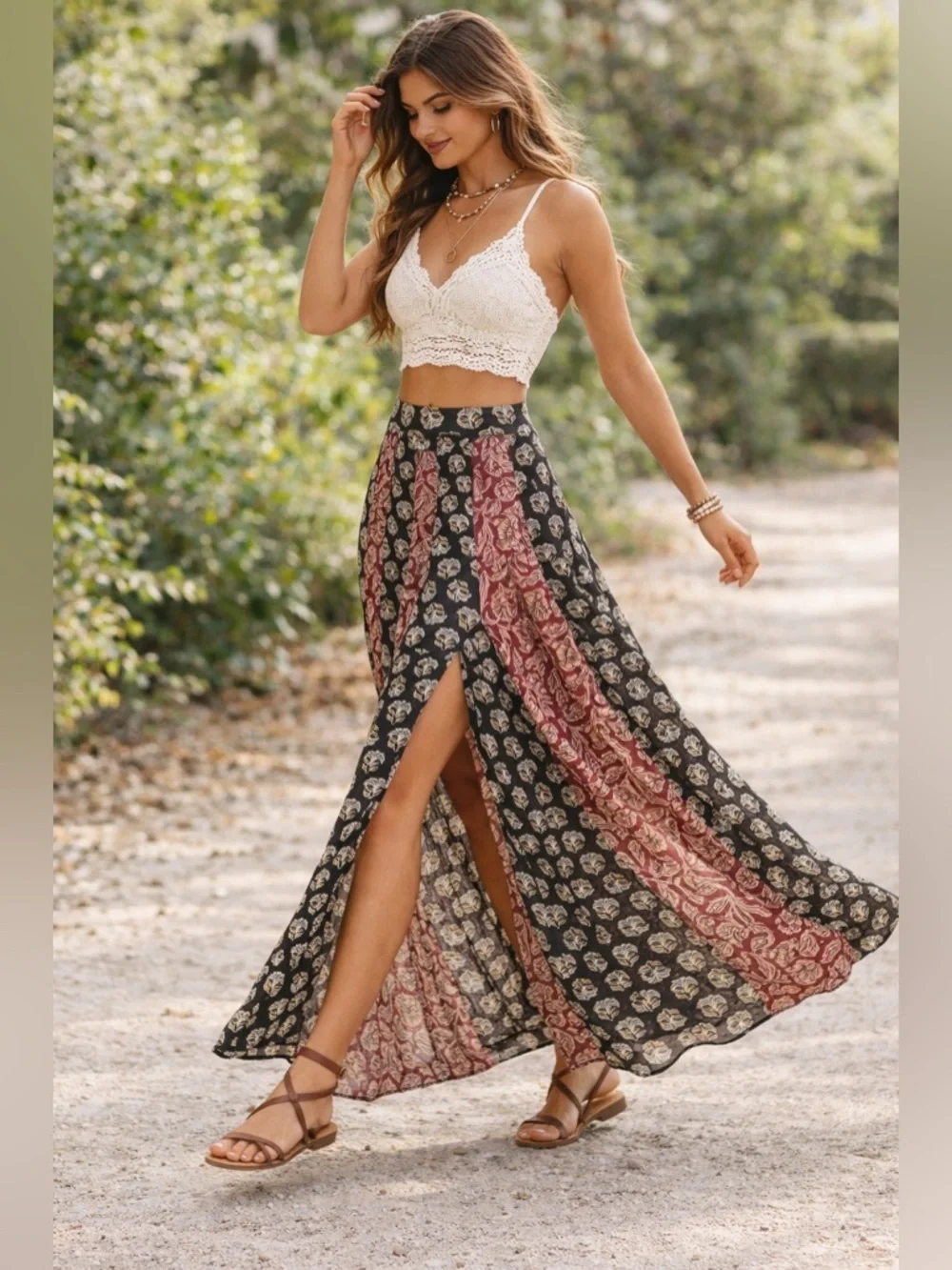 NATURAL LIFE Boho Flowy Maxi Skirt | Side Slit | Mixed Print Panel - Picture 4 of 8